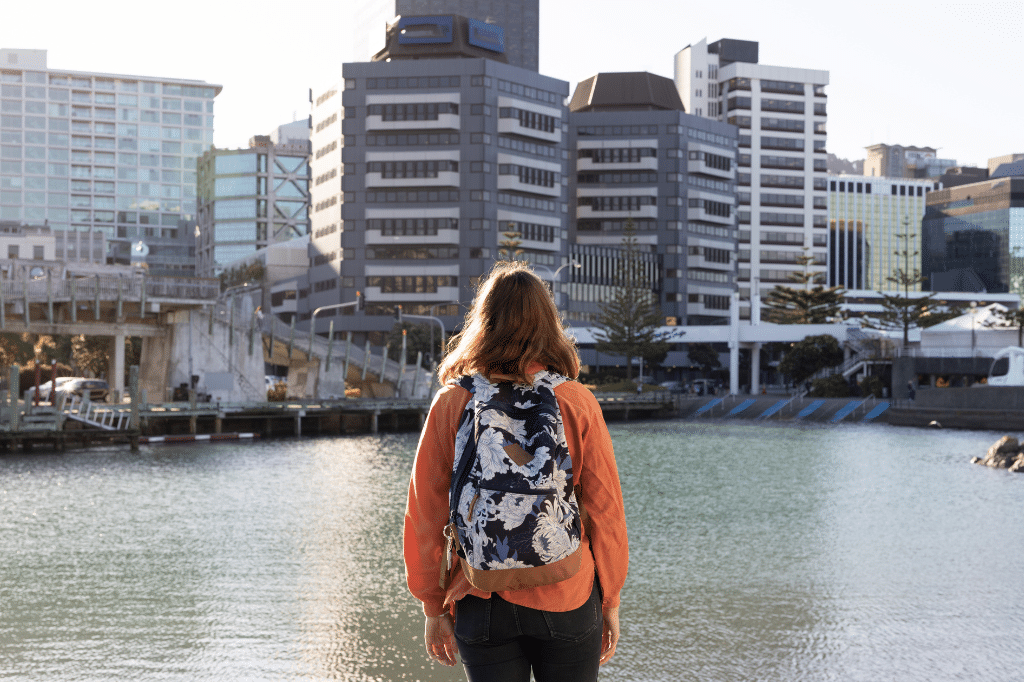 Tourist looking out over Auckland skyline